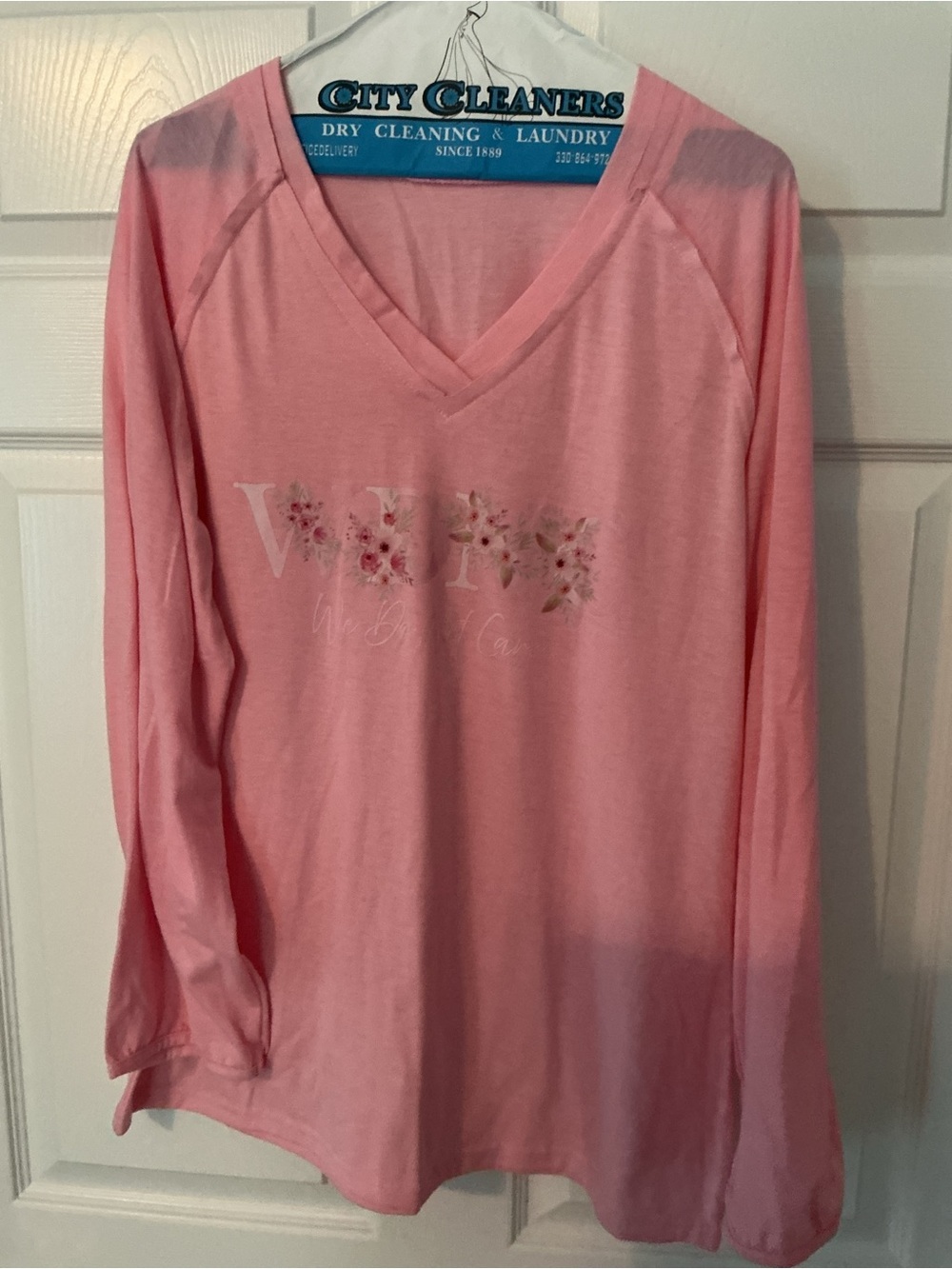 Women’s Pink V-Neck Long Sleeve Top - Floral Detail